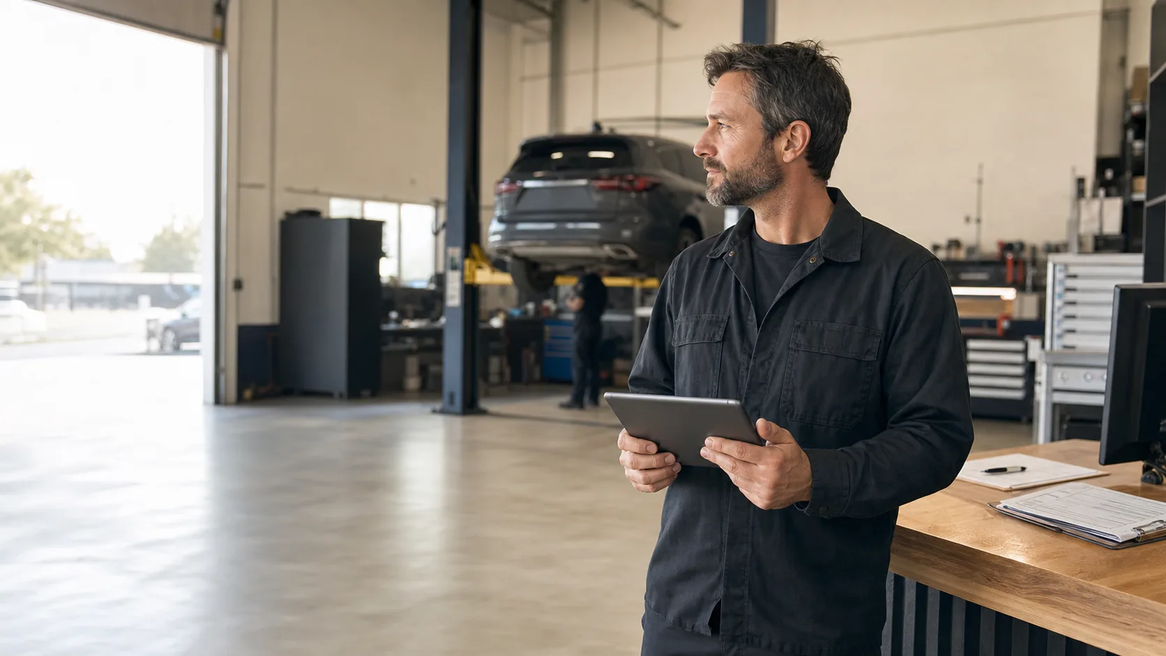 Automotive shop owner holding a tablet in an active service bay